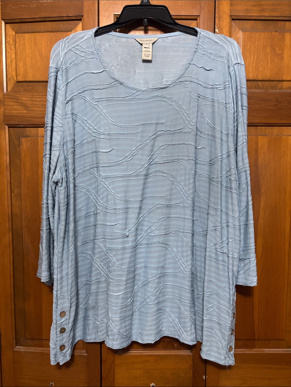 Multiples Pale Blue Textured Scoop Neck Tunic with Button Hem